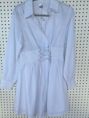 VENUS White Long Sleeve Lace-Up Shirt Dress XL